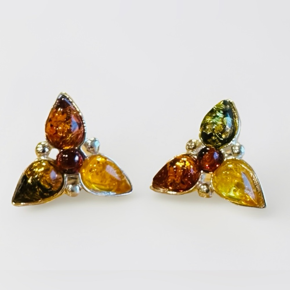 Genuine Amber 925 Silver Multicolored Post Earrings Teardrop Flowers
